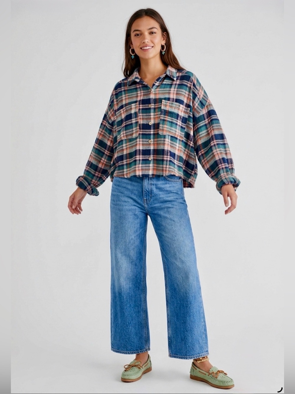 Free People Intimately Plaid Cropped Flannel Shirt Top L Blue Green Peach Boho